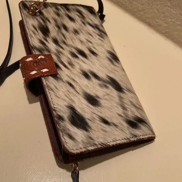 Sexy Little Vintage Leather And Cowhair Western Wallet On Chain Black Brown New - Picture 13 of 13